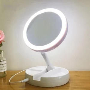 Espelho de maquiagem dobrável com LED e aumento de 10x, carregamento USB ou alimentação por bateria, espelho cosmético branco com luz.